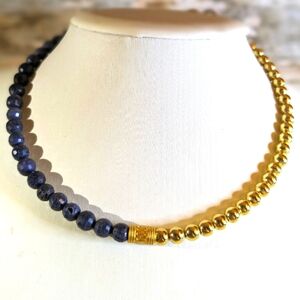Natural Blue Sapphire and Gold Beads In Assymetrical Gold Plated Necklace Choker